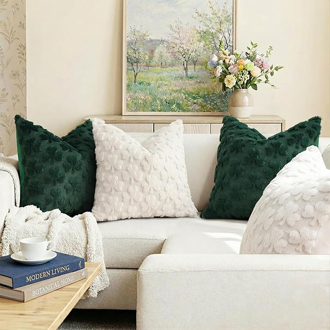 decorUhome St. Patrick’s Day Shamrock Pillow Covers 16x16 Inch Set of 2, Soft Plush Faux Wool Cream White Throw Pillow Covers, Farmhouse Spring Holiday Decor for Sofa Living Room