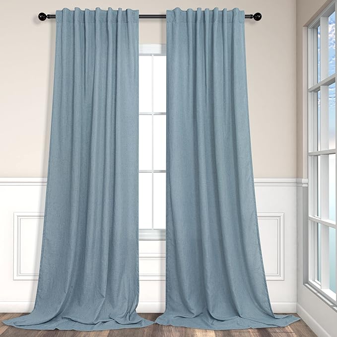 Pitalk Stone Blue Linen Blend Sheer Curtains Back Tab 52 Width by 90 Length Set of 2 Panels Rod Pocket Drapes for Living Room Family Sitting Room Sunroom Cottage Core Decor Blue Curtains for Boys Room