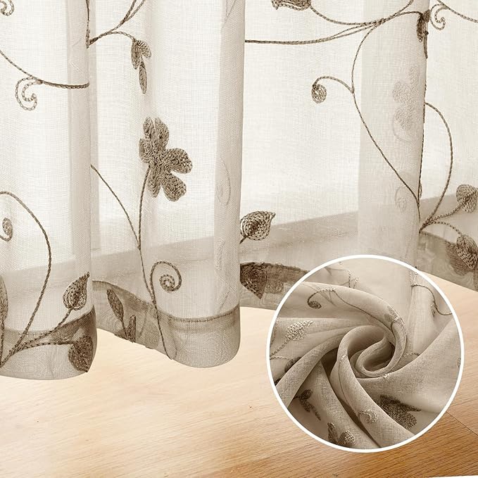 HOMEIDEAS Taupe Sheer Curtains 96 Inches Long 2 Panels Beige Embroidered Floral Pattern Semi Sheer Window Curtains for Bedroom Living Room