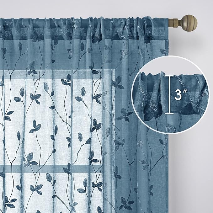 HOMEIDEAS Cyan Blue Sheer Curtains 52 X 84 Inches Length 2 Panels Embroidered Vine Floral Pattern Pocket Faux Linen Semi Sheer Voile Window Drapes for Bedroom Living Room