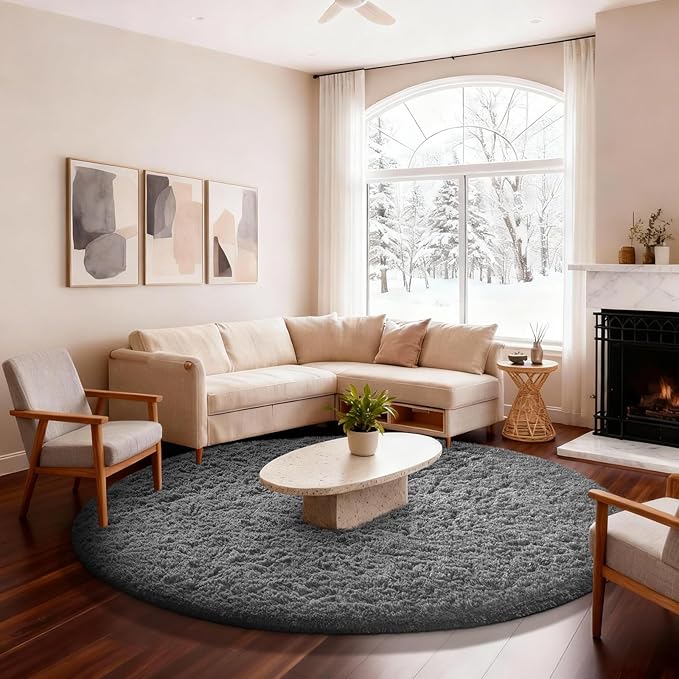 Ophanie Round Rug 6Ft Grey Circle Area Rugs, Fluffy Fuzzy Large Bedroom Carpet 6 foot, Plush Shag Solid indoor Floor Gray Living Room Christmas Circular Aesthetic Decor for Kids Teen Boys Baby,Nursery