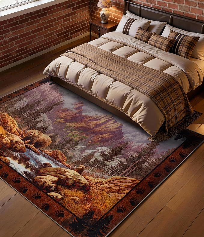 YIHOUSE Rustic Cabin Area Rug for Bedroom 4x6,Machine Washable Forest Bear Rug,Non-Slip Low Pile Print Pattern Mountain Rug for Living Room