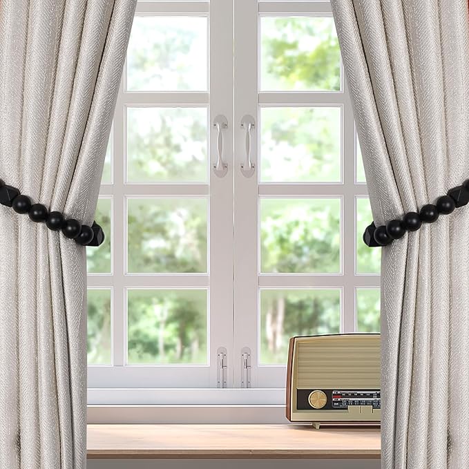 Wood Bead Curtain Tiebacks, KLOGTSIND Set of 2 Curtain Holdbacks for Thin or Thick Window Draperies, Boho Farmhouse Curtain Tiebacks with Hooks, Curtain Tie Backs for Home Office Room Decor