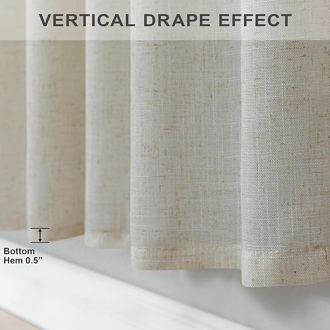 Flax Linen Curtains 38 Inch Width for Kitchen Farmhouse 2 Panels Back Tab Pocket Light Reducing Semi Sheer Tan Beige Curtains for Bathroom Window Door Entryway Cottage Decor Wide 38x45 Inch Length