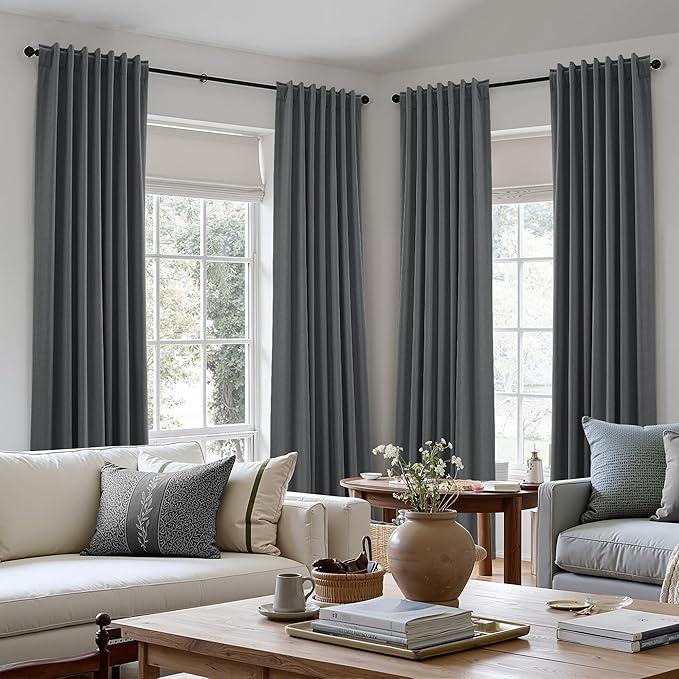 Guken 100% Blackout Curtains 84 Inch Length 2 Panels Set for Living Room Bedroom Back Tab Thermal Insulated Black Out Linen Drapes Room Darkening Blazer Grey,52x84