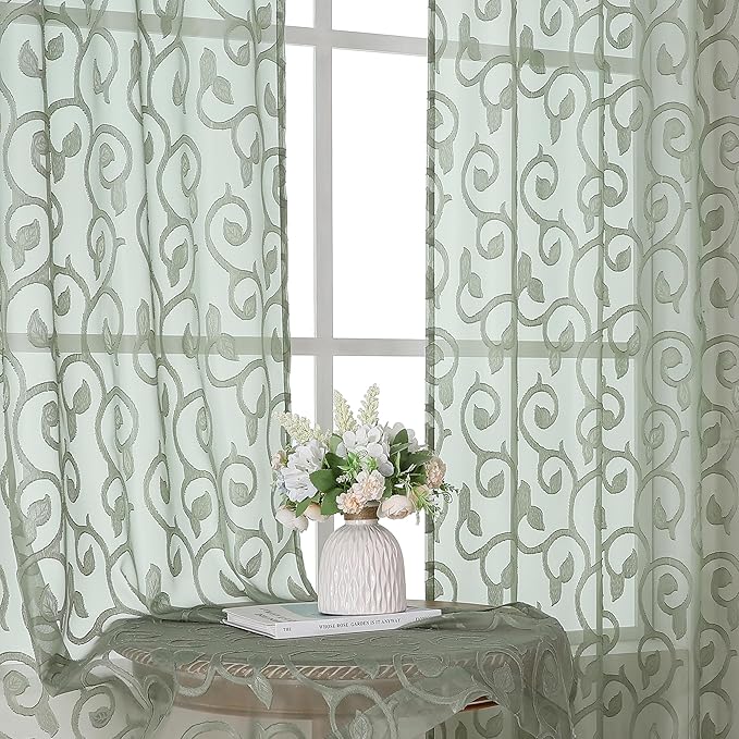 OWENIE Furman Sheer Sage Green Curtains 84 inches Long for Bedroom Living Room 2 Panels Set, White Curtains Jacquard Clip Light Filtering Semi Sheer Curtain Rod Pocket Window Drapes, 52Wx84L inch