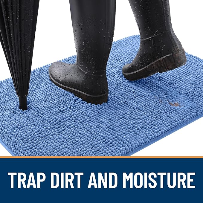 OLANLY Dog Door Mat for Muddy Paws 32x20, Absorbs Moisture and Dirt, Absorbent Non-Slip Washable Doormat, Quick Dry Chenille Mud Mat, Entry Indoor Entryway Carpet for Inside Floor, Cornflower Blue