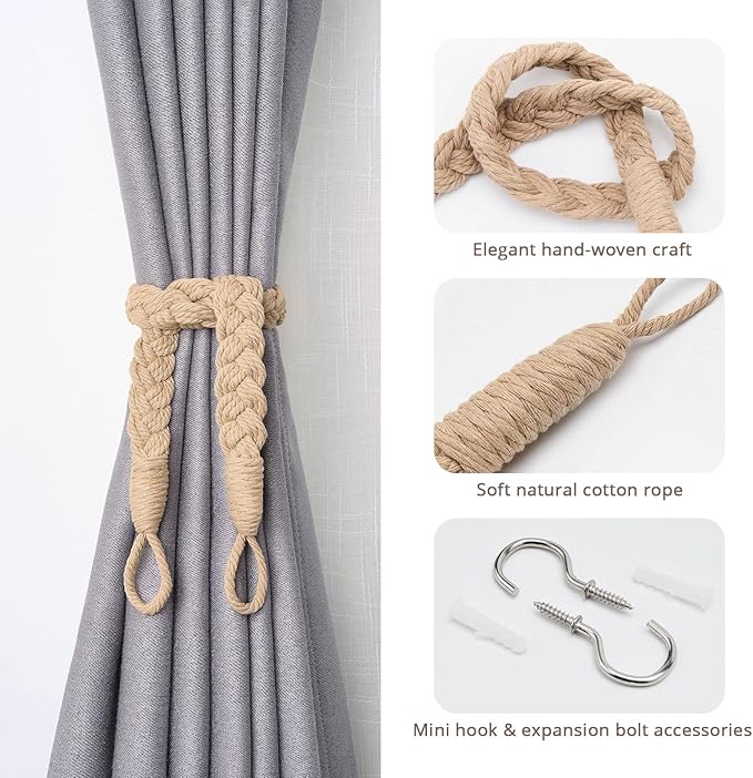 NICEEC 4 Pack Natural Cotton Rope Curtain Tiebacks Elegant Boho Style Decorative Drape Tie Backs Soft Hand-Woven Rope Curtain Holdbacks with Metal Hook for Home & Office Drapery (Dark Beige)