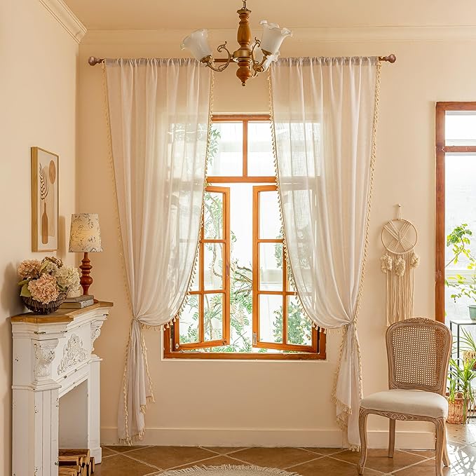 MYSKY HOME Natrual Curtains 84 Inches Long for Living Room Boho Semi Sheer Light Filtering Privacy Drapes for Bedroom, Farmhouse Rustic Home Decor Back Tab with Tassel, 50" x 84", Natural, 2 Panels