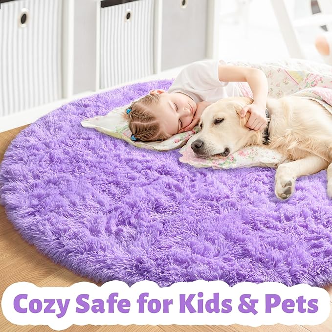 Amdrebio Purple Round Rugs 5Ft for Girls Bedroom Decor Aesthetic, Fluffy Fuzzy Circle Area Rug for Kids Playroom, Cute Furry Shaggy Circular Princess Carpet for Living Room, Baby Nursery, Preppy Dorm