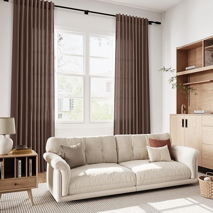 Cappuccino Curtains 108 Inches Long, Back Tab Linen Blend Light Filtering Semi Sheer Privacy Drapes for Living Room & Bedroom, 52x108 inch, 2 Panels
