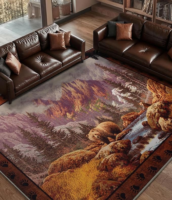 YIHOUSE Rustic Cabin Area Rug for Bedroom 4x6,Machine Washable Forest Bear Rug,Non-Slip Low Pile Print Pattern Mountain Rug for Living Room
