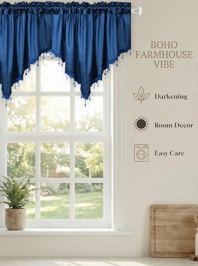 Molaxhome Swag Curtain 51 inch Length Rod Pocket Scalloped Curtain Valance Sheer Lace Panels with Hanging Crystal Beads for Kitchen Bedroom Window Treatments Drape Decor 1pc (Cloth Navy, 51Wx23L)