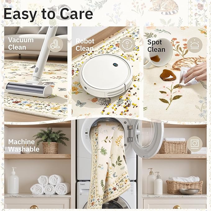 Cat 9x12 Area Rugs for Living Room, Machine Washable Animal Floral Vintage Rug Non-Slip Low Pile Soft Throw Large Rugs for Bedroom Dining Room Kitchen Nursery Playroom (9 x 12,Beige)