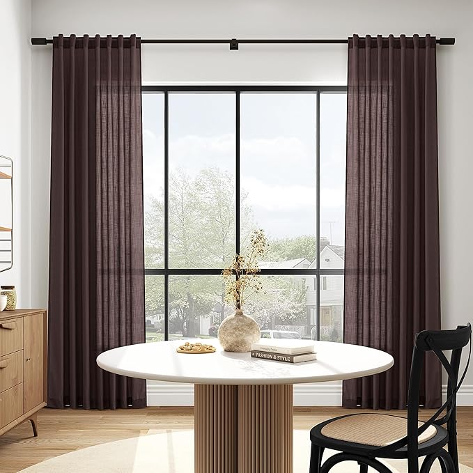 Coffee Brown Linen Curtains 63 Inches Long for Bedroom Back Tab Filters Light Protects Privacy Sheer Modern Farmhouse Coastal Decor Cotton Texture Gauze for Bathroom, 2 Panels