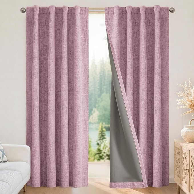 Joydeco Linen Blackout Curtains for Bedroom - 100% Light Blocking 1 Panels, Pink Drapes 100" W x 96" L, Thermal Insulated Room Darkening Curtains for Living Room, Rod Pocket & Back Tabs
