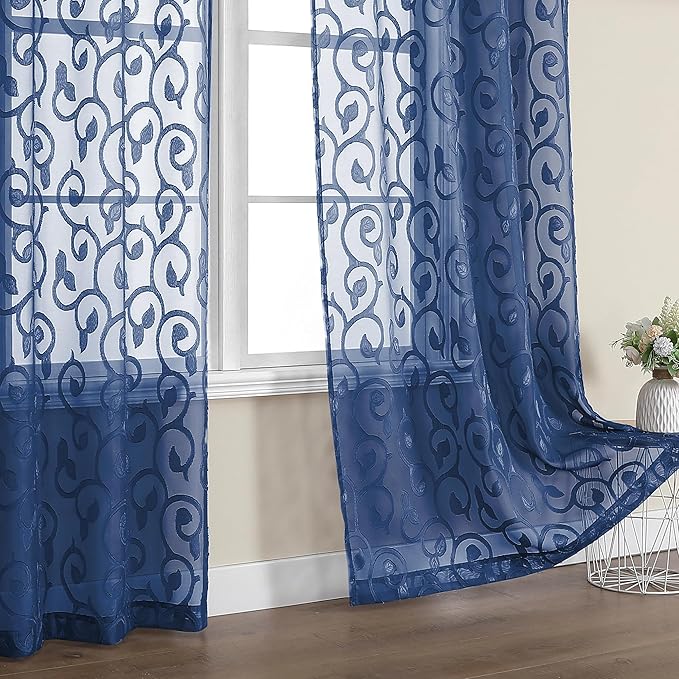 OWENIE Furman Blue Sheer Curtains 96 inches Long for Bedroom Living Room 2 Panels Set, Light Filtering Soft Semi Sheer Jacquard Clip Farmhouse Curtains Rod Pocket Design, 40Wx96L inch