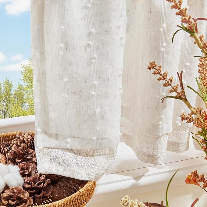 jinchan Kitchen Valance Curtain for Windows 16 Inch Mini Pom-Pom Double Layer Valance Linen Blend Country Window Treatment for Bedroom Living Room Light Filtering Rod Pocket 1 Panel Linen Whisper