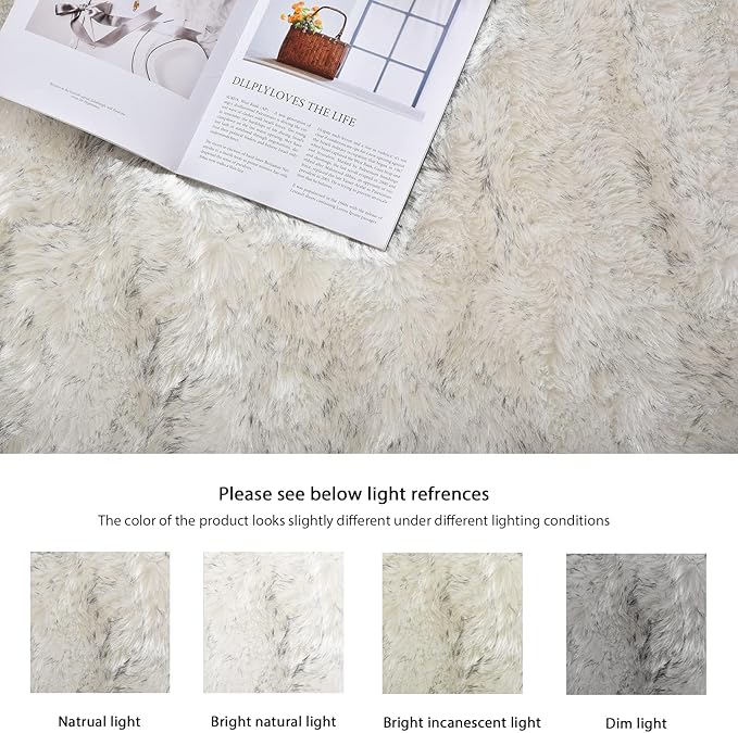 ORINOVA Grey and White Washable Shaggy Round Rug 5ft Circle Faux Sheepskin Furry Fur Rugs for Bedroom Nursery Rug