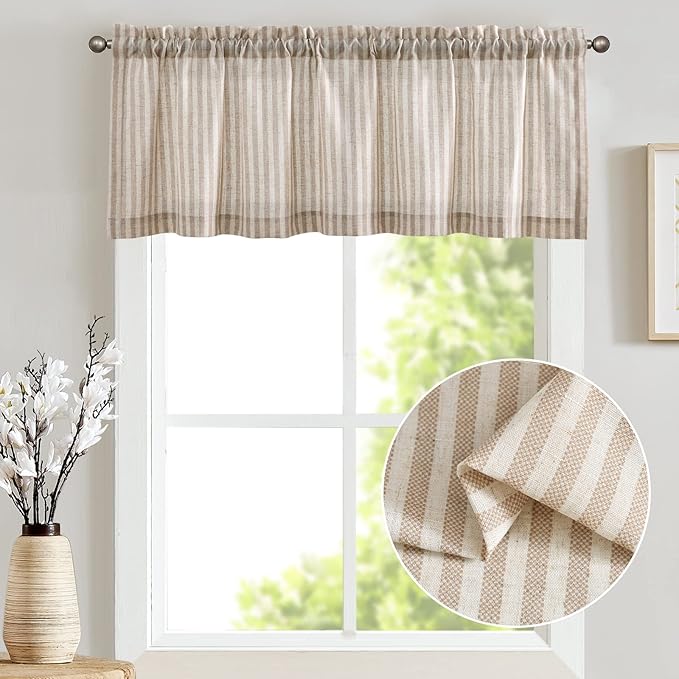 jinchan Valance Curtain Linen Textured Striped Window Curtain for Living Room Light Filtering Farmhouse Valance for Kitchen Rod Pocket 1 Panel 16 Inch Tan on Linen 1 Panel
