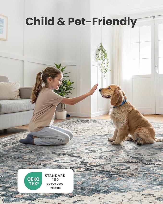 AMADA HOMEFURNISHING Round 5ft Area Rugs, Low-Profile Washable Rug with Non-Slip Backing & Durable Edge Binding, Vintage Rugs for Living Room, Bedroom, Dinning Room