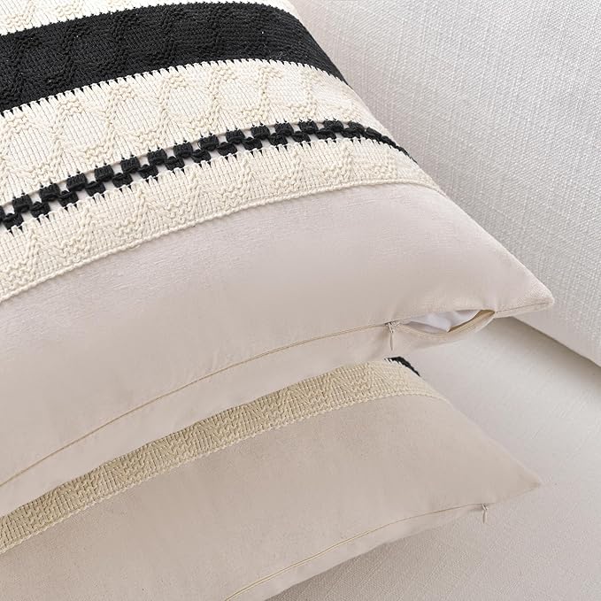 Fancy Homi Set of 1 Boho Black Long Lumbar Decorative Throw Pillow Cover 12x24 Inch for Couch Bed Sofa Chair, Modern Organic Farmhouse Home Decor, Soft Cotton Cute Accent Rectangle Cushion Case