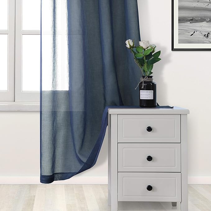 DWCN Navy Blue Sheer Curtains Semi Transparent Voile Rod Pocket Curtains for Bedroom and Living Room, 52 x 45 inches Long, Set of 2 Panels