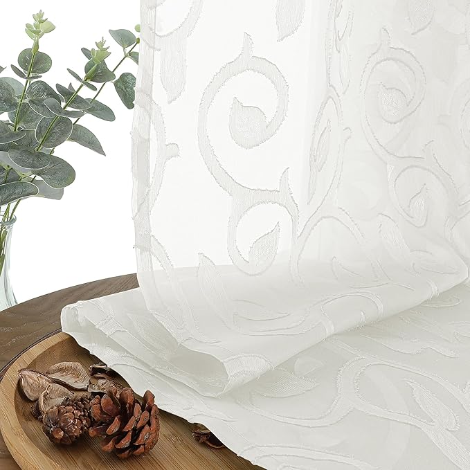 OWENIE Furman Sheer Ivory Curtains 84 inches Long for Bedroom Living Room 2 Panels Set, White Curtains Jacquard Clip Light Filtering Semi Sheer Curtain Rod Pocket Window Drapes, Each 52Wx84L inch