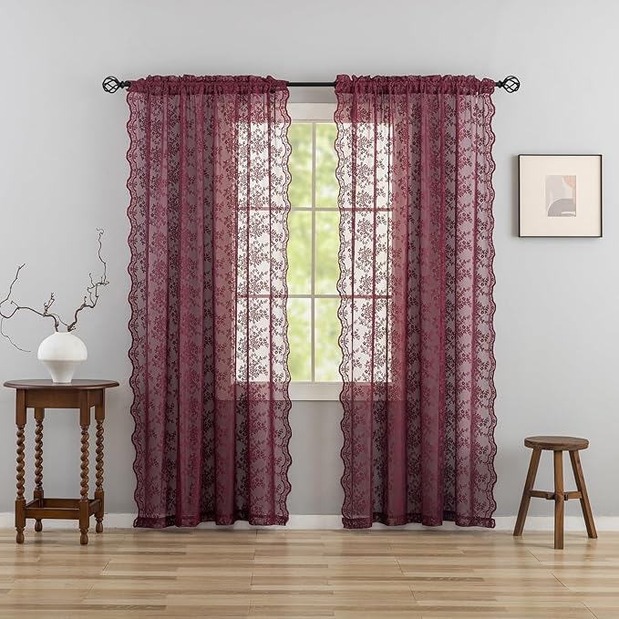 YJ YANJUN Vintage Lace Curtains 108 Inches Long-Victorian Floral Pattern Burgundy Red Sheer Curtain Panels for Living Room Bedroom Farmhouse Wine Winter Voile Window Drapes 52" W x 108" L 2 Panels
