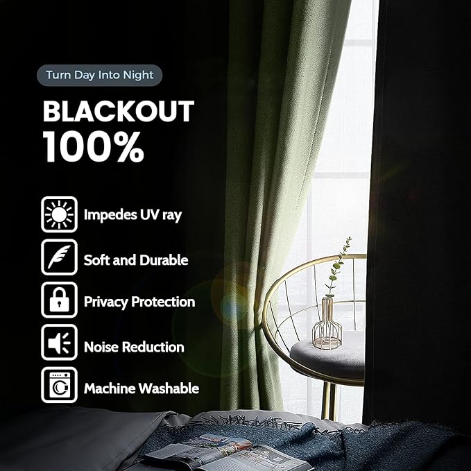 SimpleHome 100% Blackout Curtains for Bedroom,Thermal Insulated Grommet Window Drapes Room Darkening Sage Curtains for Living Room with Black Back,52 x 63 Inch,2 Panels