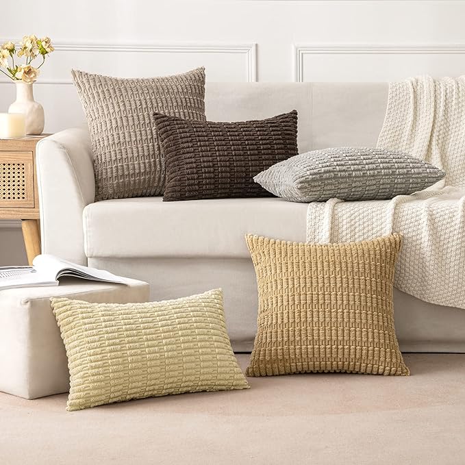 MIULEE Pack of 2 Corduroy Decorative Throw Pillow Covers 16x16 Inch Soft Boho Striped Pillow Covers Modern Farmhouse Home Decor for Sofa Living Room Couch Bed Beige