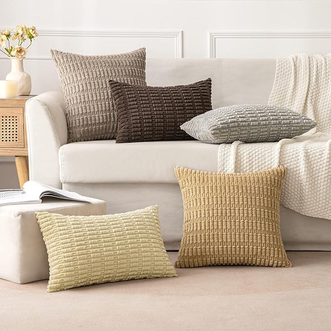 MIULEE Pack of 2 Corduroy Decorative Throw Pillow Covers 20x20 Inch Soft Boho Striped Pillow Covers Modern Farmhouse Home Decor for Sofa Living Room Couch Bed Dark Brown
