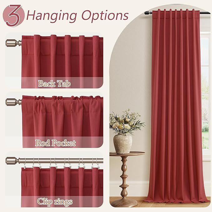 Guken Red 100% Blackout Linen Curtains 102 Inch Length 2 Panels Set for Living Room Bedroom Back Tab Thermal Insulated Black Out Drapes Room Darkening Farmhouse Window Curtains 102 Inches Long