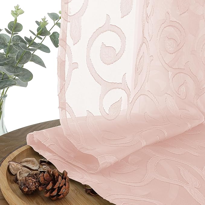 OWENIE Furman Cafe Curtains 30 Inch Length 2 Panels Set, Elegant Geometric Jacquard Short Sheer CurtainsTiers for Kitchen/Living Room/Bedroom Small Window 28" W x 30" L, Blush Pink
