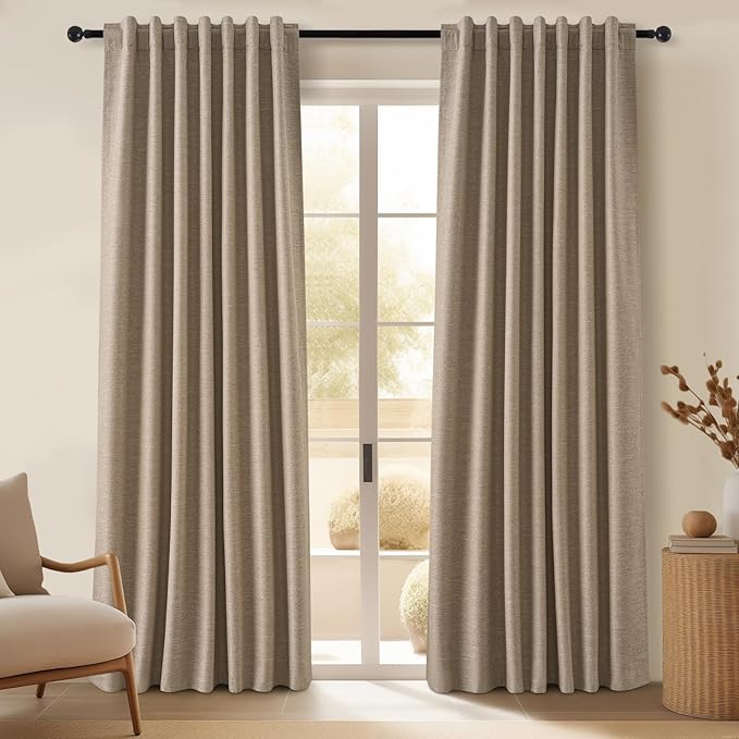 Topfinel Total Blackout Curtains 72 Inches Long 2 Panels for Bedroom Burlap Linen Heavy Insulated Bay Window Curtains Boho Farmhouse Drapes for Bedroom/Cabin/Kitchen Dark Brown Flax(W52 x L72)