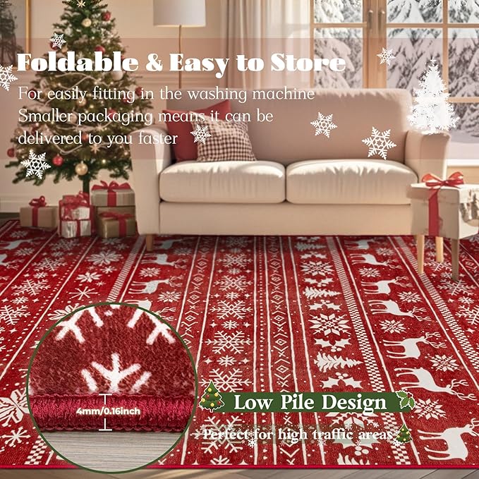 Christmas Rug 4x6 Washable Rugs, Boho Christmas Tree Snowflake Rug Non-Slip Soft Low Pile Non Shedding Indoor Holiday Carpet for Living Room Bedroom Dining Room Home Office (XmasRed, 4'x6')