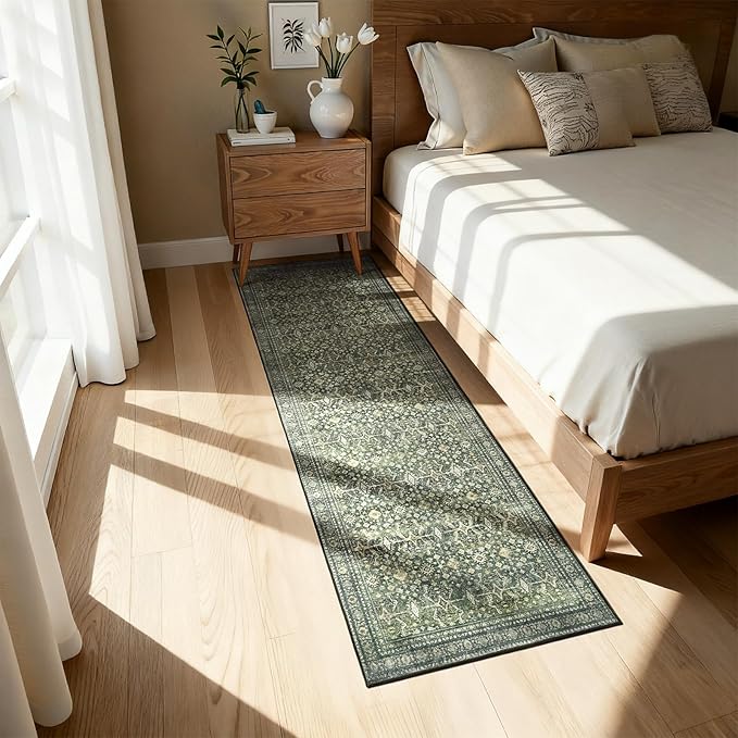 Lofus 2x10 Area Rug for Hallways,Green Washable Runner Rugs with Non Slip Rubber Backing, Low Pile Soft Carpet Runner for Kitchen Bathroom Bedroom Laundry