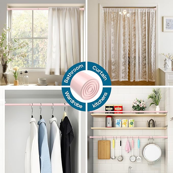 AIZESI Spring Tension Rods Adjustable Tension Curtain Rod Small Tension Rod No Drilling Expandable Spring Loaded Curtain Tension Rod（Pink,26" to 39"-3Pcs)