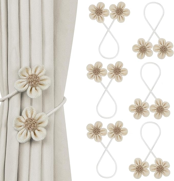 KLOGTSIND Flower Curtain Tiebacks, 6 Pack Curtain Ties Elegant DIY Curtain Holdbacks, Decorative Window Drape Twist Tie Backs for Boho Bedroom Decor, Nursery Decor, Farmhouse Decor