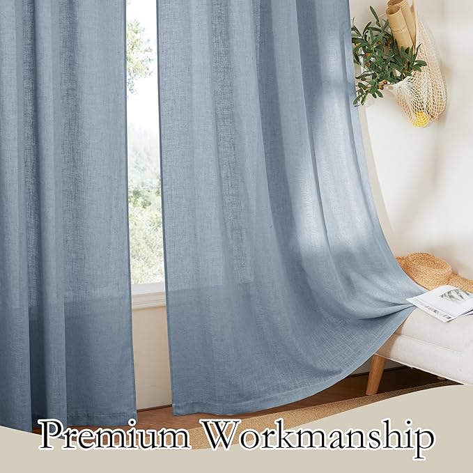 RYB HOME Light Filtering Curtains 95 inches Long 2 Panels Set, Privacy Protected Linen Blend Panels for Farmhouse/Living Room/Dining Room, Dusty Blue, Width 52 inch