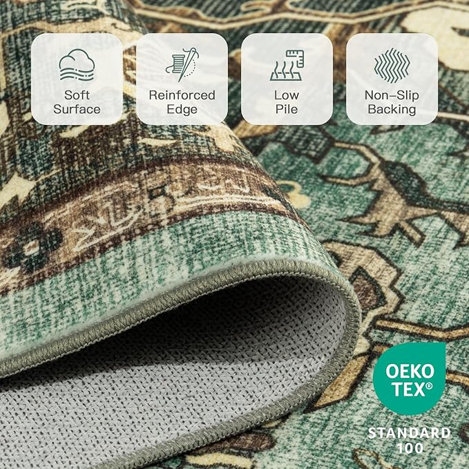 Lofus 3x5 Area Rugs for Living Room, Washable Area Rug, Rugs for Bedroom, Kitchen, Vintage Boho Carpet, Soft Non-Slip, Low Pile Large Area Rug for Office Dining Room, Green