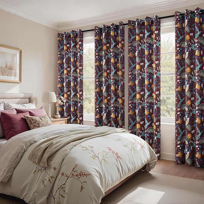 Topfinel Rust Boho Floral Curtains 72 Inches Long French Country Grommet Botanical Hummingbird Woodland Patterned Lemon Drapes for Bedroom Dining Living Room
