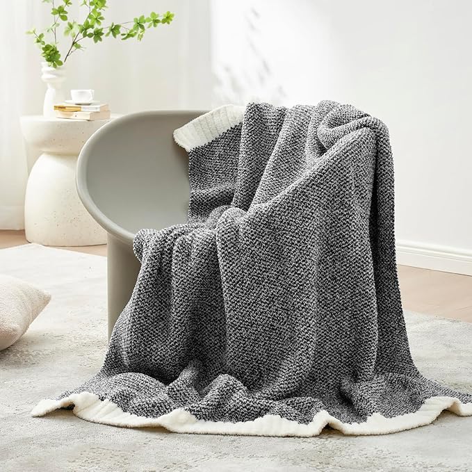 Snuggle Sac Heather Black Throw Blanket for Couch, Reversible Super Soft Micorfiber Blankets Dupes Warm Cozy Knit Fuzzy Plush Throws for Sofa, Bed, Heather Black, 50x60 inches