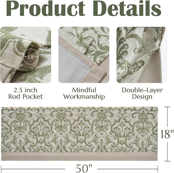 jinchan Linen Valance Curtain for Kitchen Vintage Damask Floral Blackout Valance Double Layer Small Window Curtain for Living Room Bedroom Bathroom 18 Inch Rod Pocket 1 Panel Sage Green on Beige