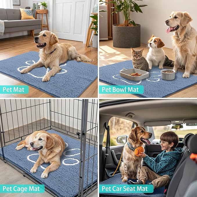 Smiry Dog Door Mat for Muddy Paws, Absorbent Dirt Trapper Non Slip Quick Dry Washable Chenille Mat for Mud Dogs, Entry Rug for Indoor and Outdoor (47x32 Inches, Airy Blue and White)