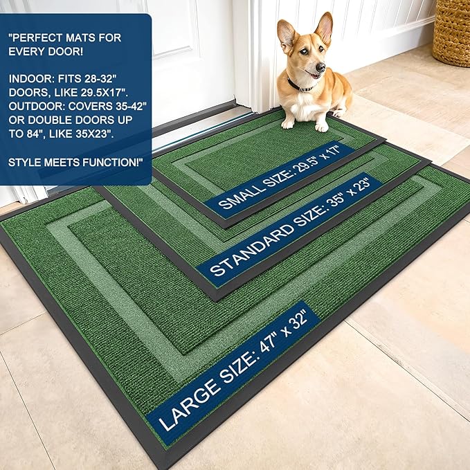 OLANLY Front Door Mat Indoor Outdoor Entrance, Waterproof All-Season, All-Weather Doormat, Sturdy Natural Rubber, Fade Resistant, Low Profile, Easy Clean Patio Porch Entryway Mat, 59x30, Green