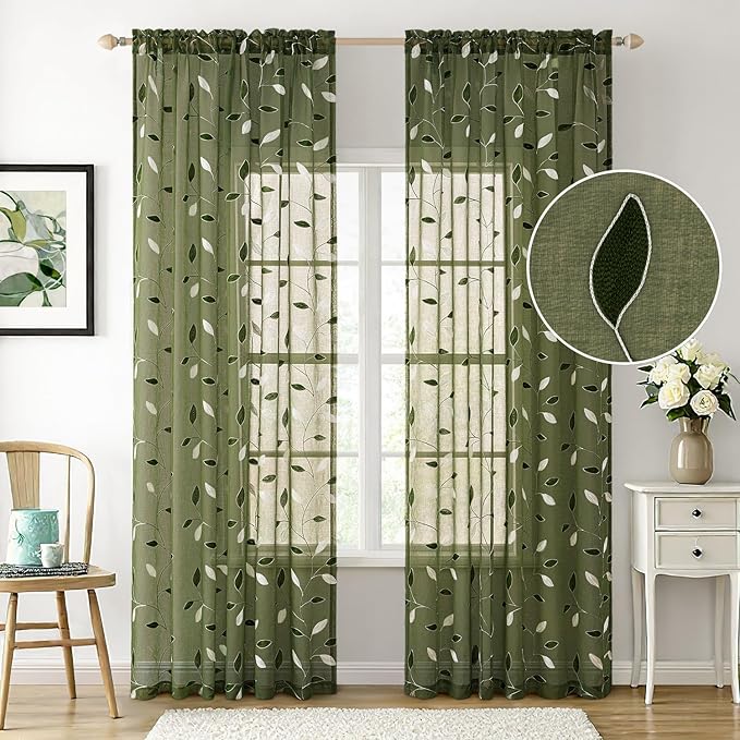 MIULEE Olive Green Sheer Curtains 2 Panels Embroidered Leaf Patterned Rod Pocket Floral Semi Faux Linen Window Curtains Drapes Set for Living Room Bedroom Dining Room, 52x63 Inches Long