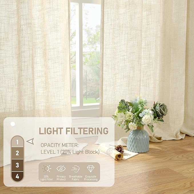 LAMIT Faux Linen Curtains 63 inches Long for Bedroom, Back Tab and Rod Pocket Linen Drapes Light Filtering Sheer Window Curtains for Living Room, Set of 2 Panels (52 x 63 Inch, Beige)