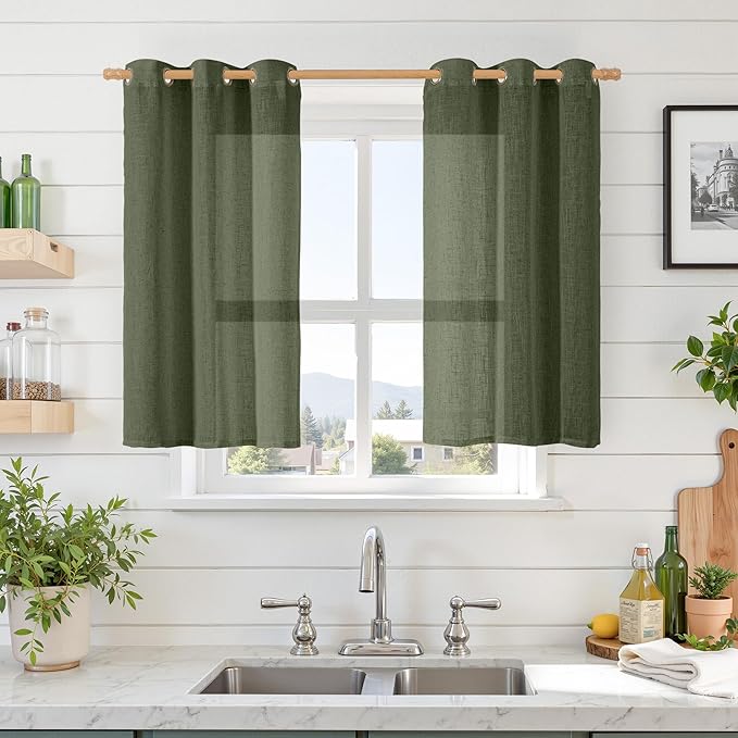 LAMIT Sheer Linen Curtains 40 inch Long for Small Windows, Olive Green Light Filtering Curtains Bronze Grommet Linen Textured Neutral Boho Christmas Drapes for Kitchen/Cafe, 2 Panels, 34 x 40 Inch