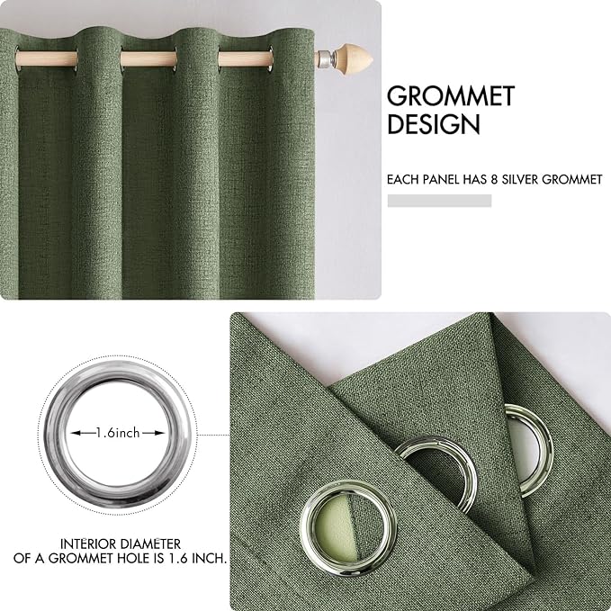 MIULEE 100% Blackout Linen Textured Curtains for Bedroom Solid Thermal Insulated Olive Green Grommet Room Darkening Curtains & Drapes Luxury Decor for Living Room Nursery 42 x 63 Inch (2 Panels)
